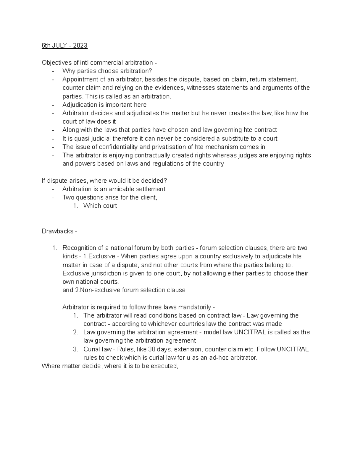 Arbitration Notes - 6th JULY - 2023 Objectives of intl commercial ...