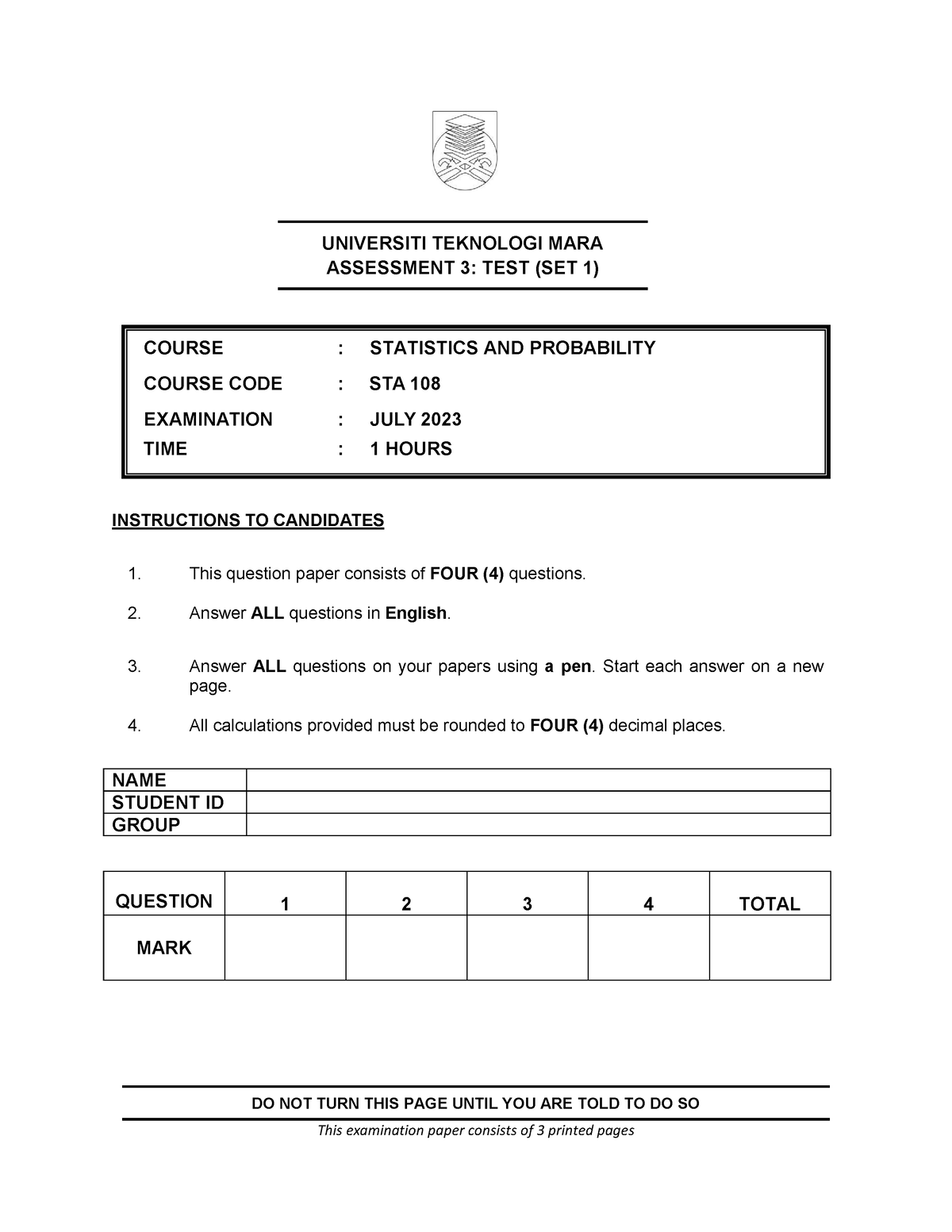 SET 1 TEST STA108 - TEST PAPER - UNIVERSITI TEKNOLOGI MARA ASSESSMENT 3 ...