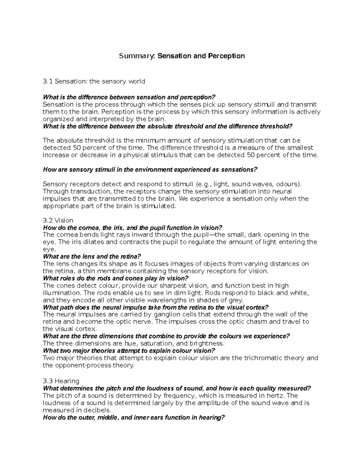 Chapter #3 Summary - Sensation and Perception - Summary: Sensation and ...