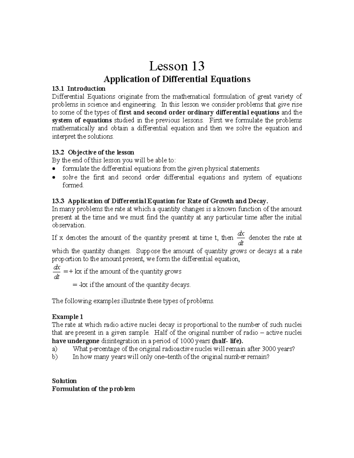 DE lesson 13 - Lecture notes - Lesson 13 Application of Differential ...