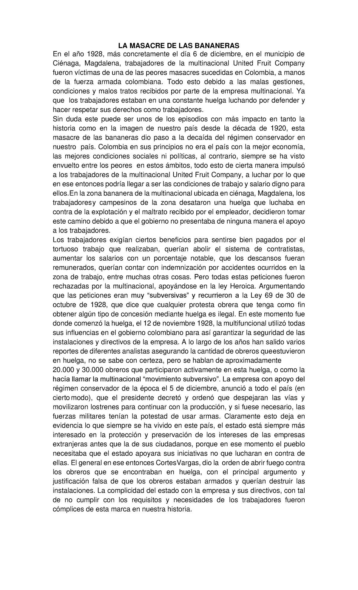 LA Masacre DE LAS Bananeras - LA MASACRE DE LAS BANANERAS En el año ...