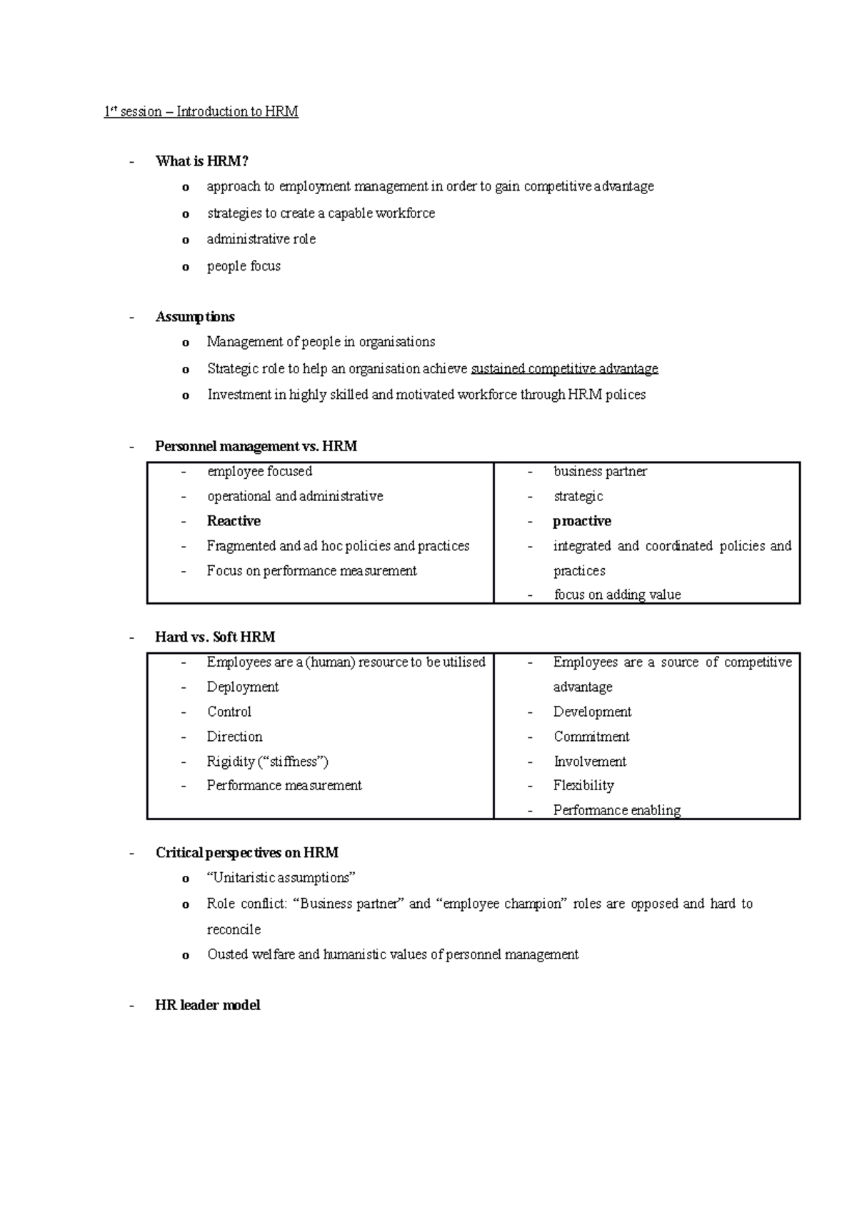 Human Resource Management - Notes, Session 1 - SDU - Studocu