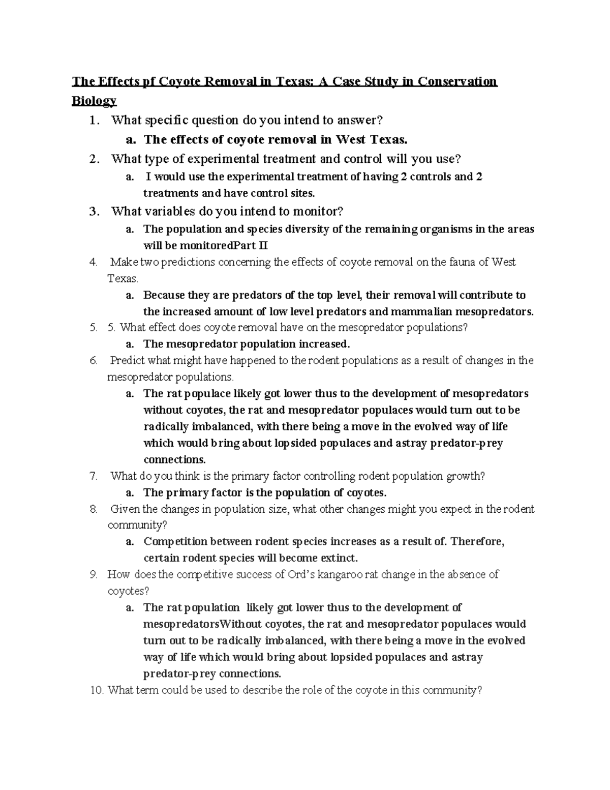 The Effects pf Coyote Removal in Texas A Case Study in Conservation ...