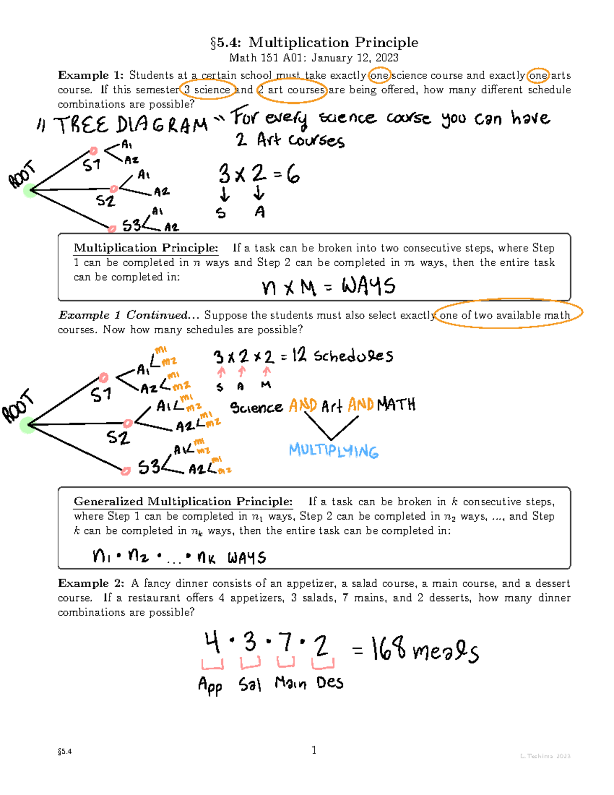 Section 5 - In Class Notes - §5: Multiplication Principle Math 151 A01 ...