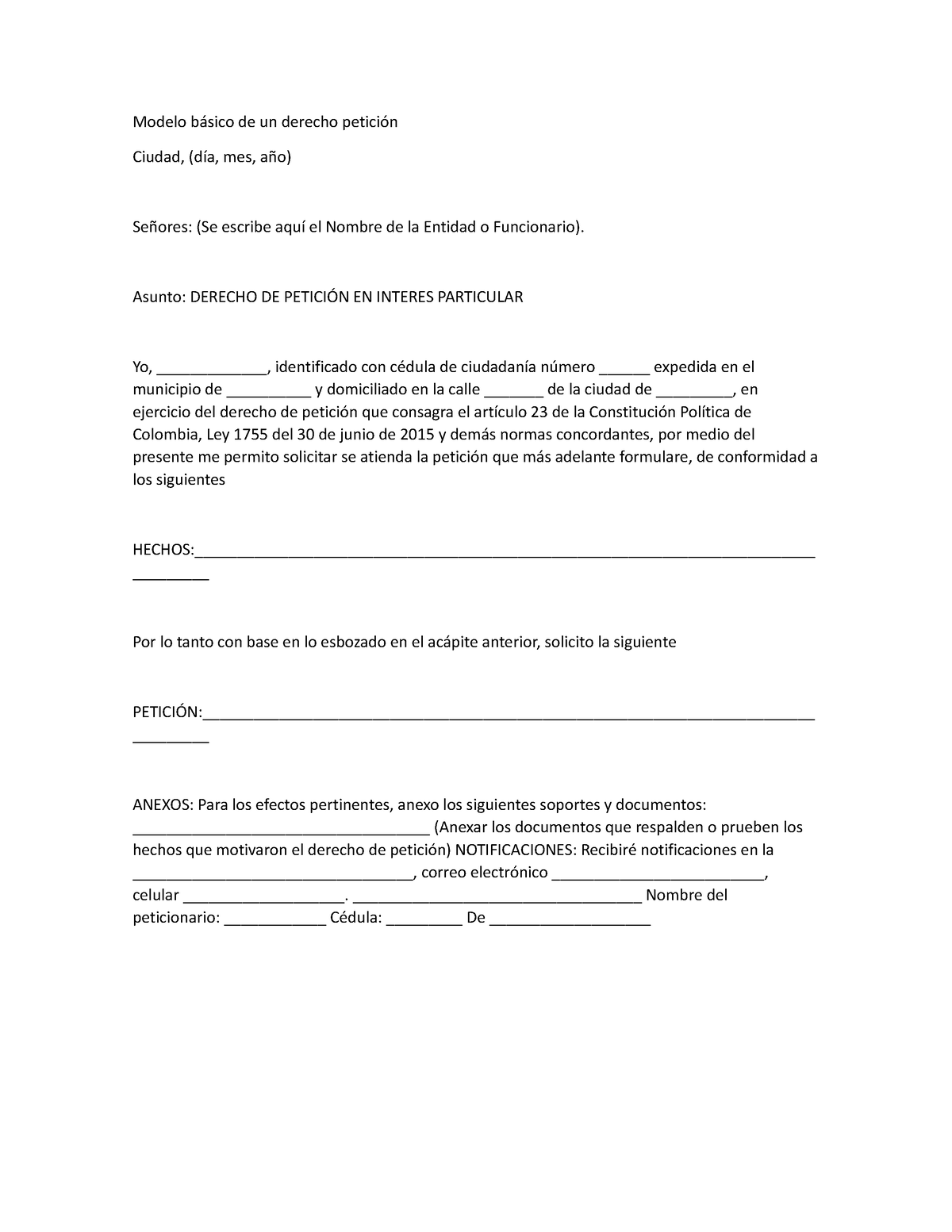 Modelo B Ã¡sico De Un Derecho Petici Ã³n - Modelo Básico De Un Derecho ...