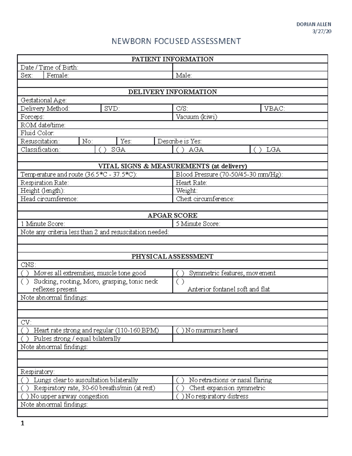 Newborn Assessment Form - DORIAN ALLEN 3/27/ NEWBORN FOCUSED ASSESSMENT ...