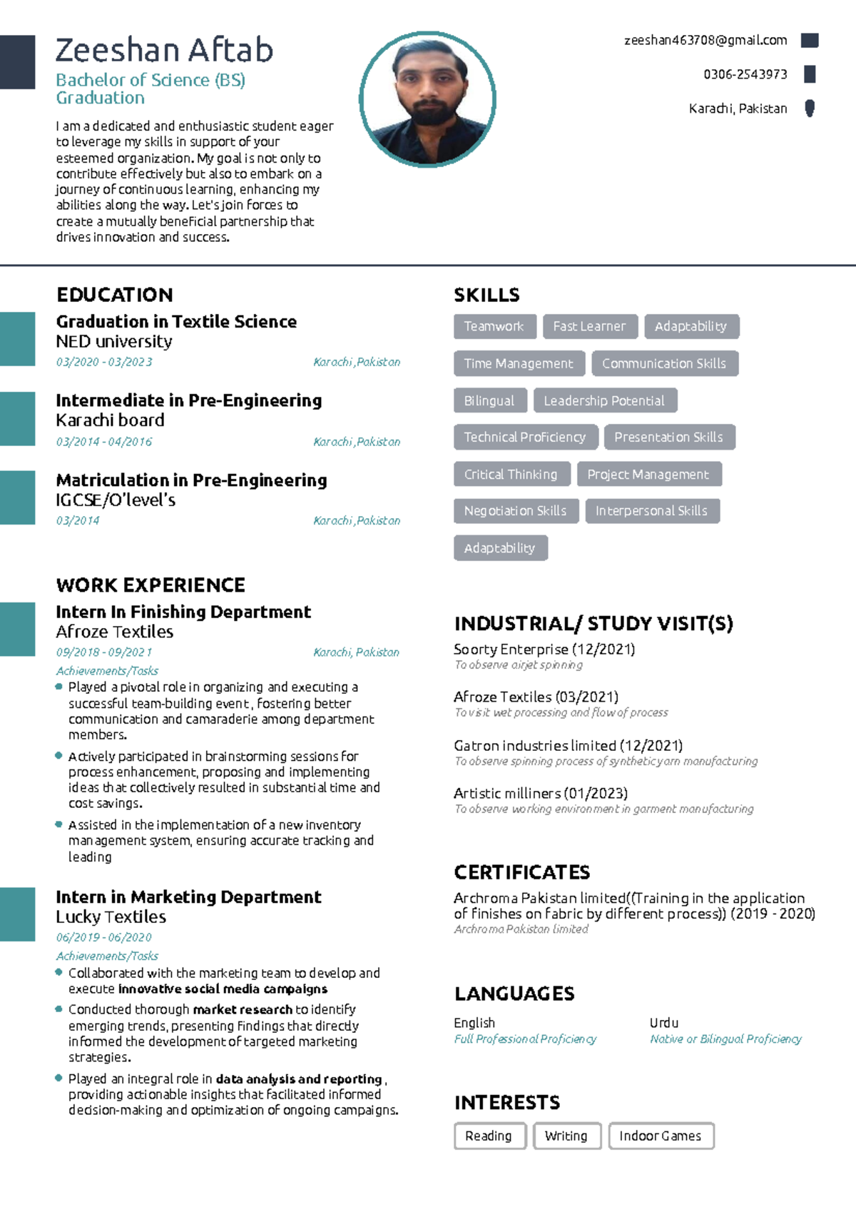 Zeeshan's Resume - Zeeshan Aftab Bachelor of Science (BS) Graduation I ...