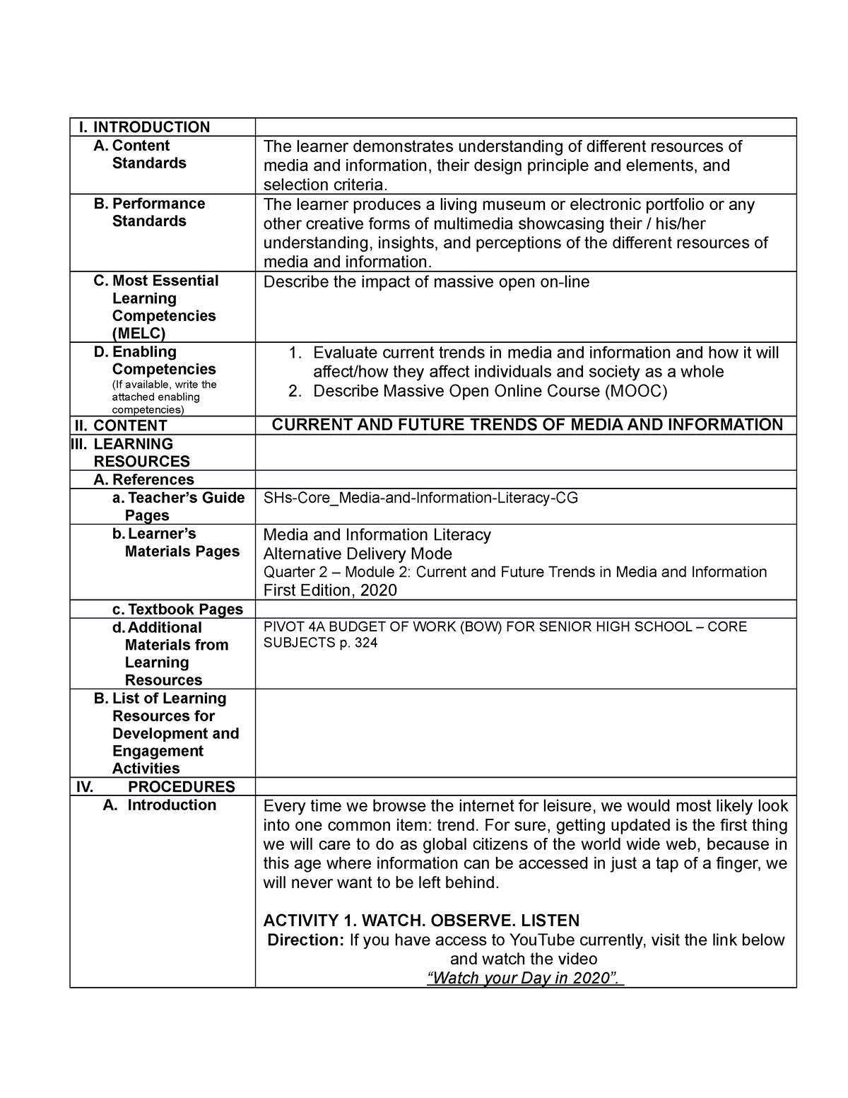 MIL Q2 - 3 - Notes For Media And Information Literacy - I. INTRODUCTION ...