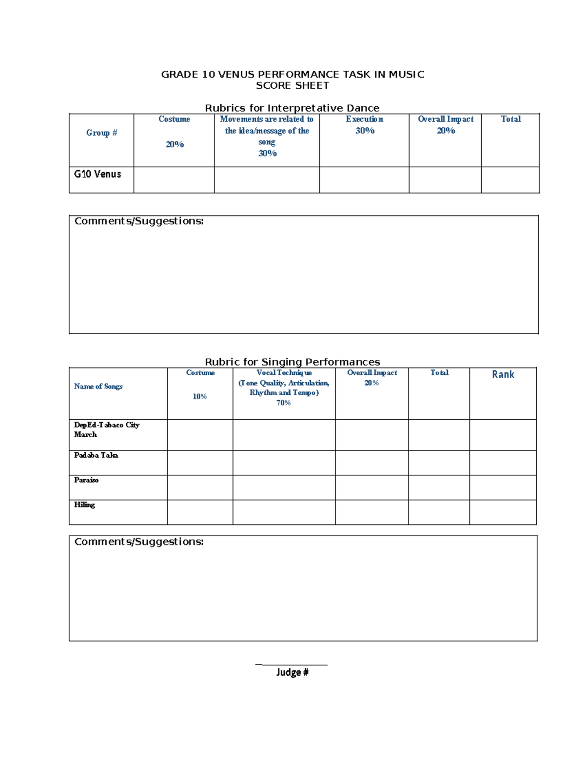 R Ubrics - GRADE 10 VENUS PERFORMANCE TASK IN MUSIC SCORE SHEET Rubrics ...