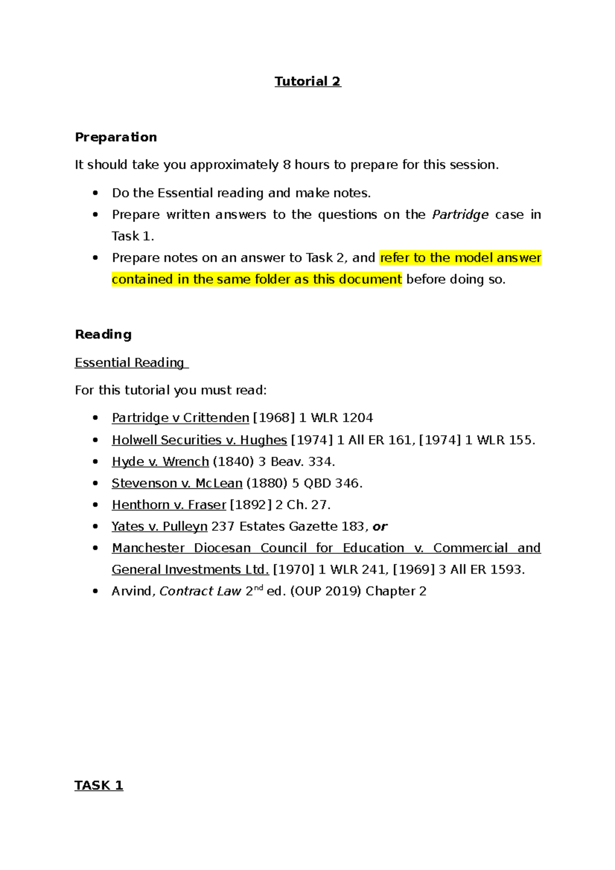 Contract Law Tutorial 2 - Tutorial 2 Preparation It should take you ...
