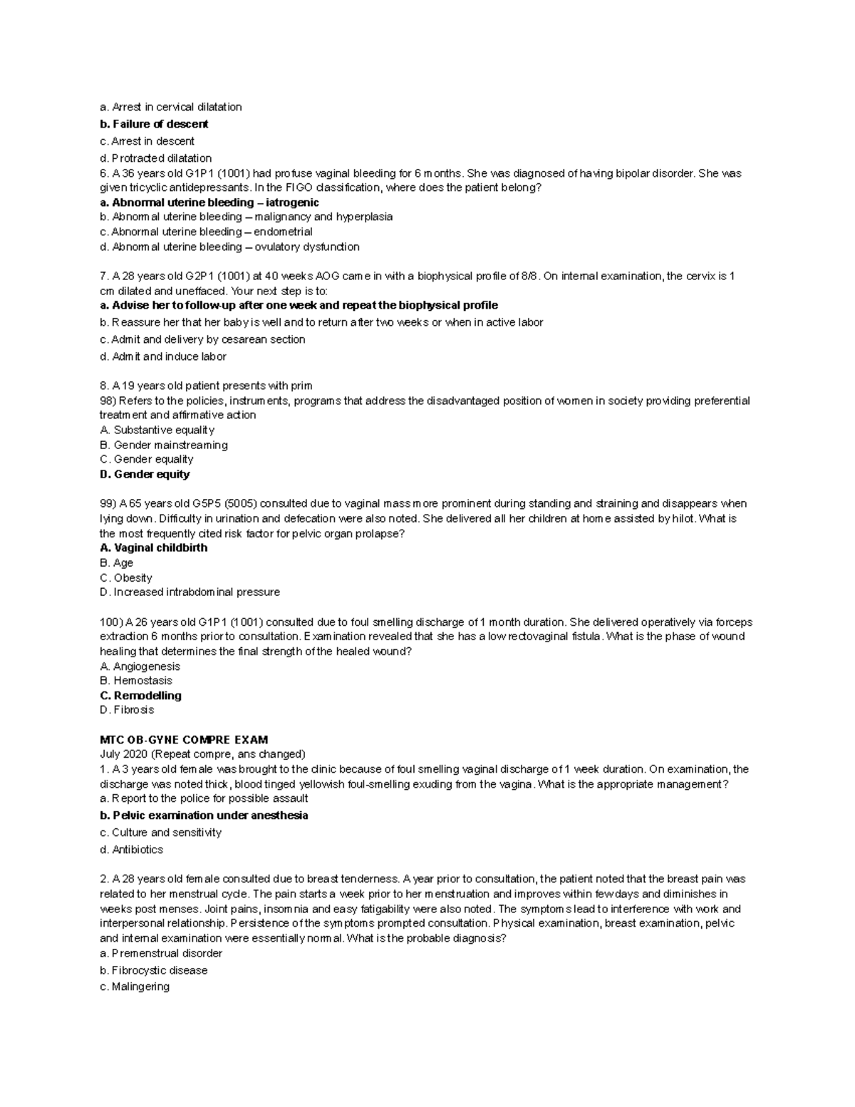 Curriculum medical exam part 1 - a. Arrest in cervical dilatation b ...