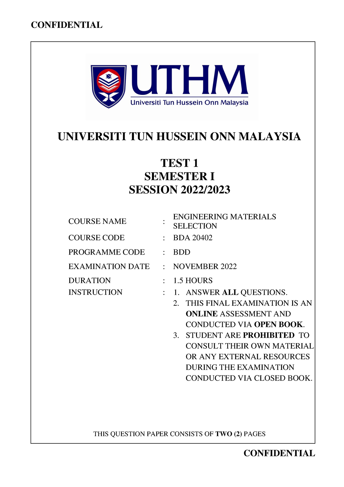 Test1materialselectionbda 20402-sem120222023 - UNIVERSITI TUN HUSSEIN ...