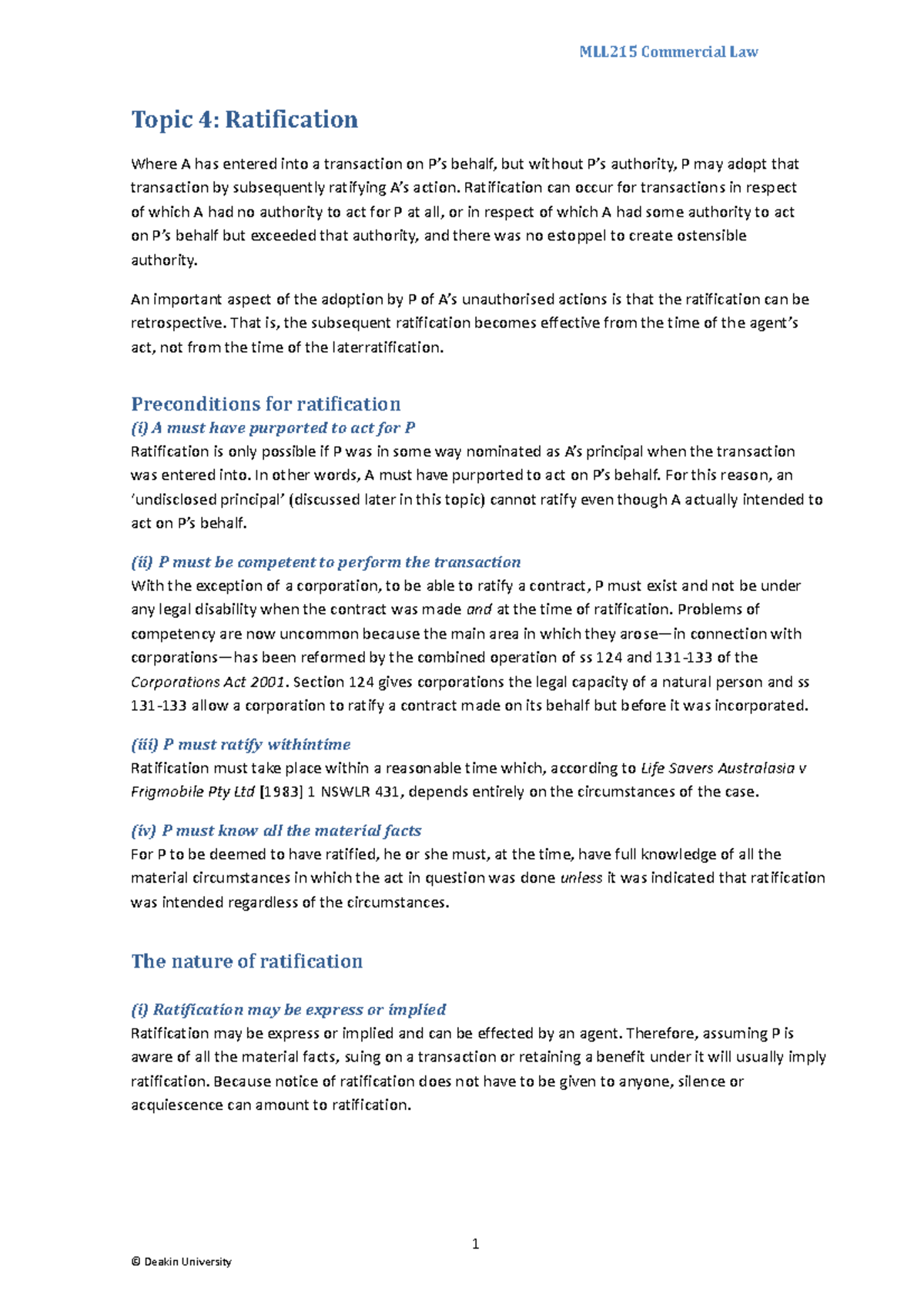 MLL215 ratification - notes - Topic 4: Ratification Where A has entered ...