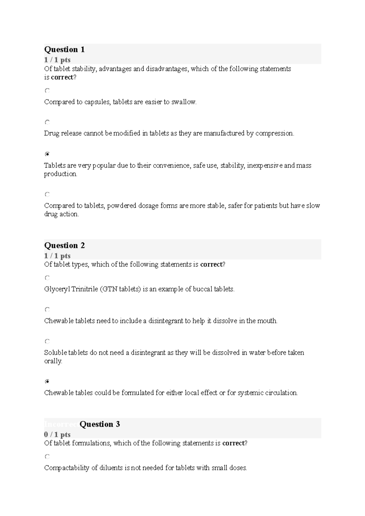 Quiz 2 Practice quizzes Question 1 1 / 1 pts Of tablet stability