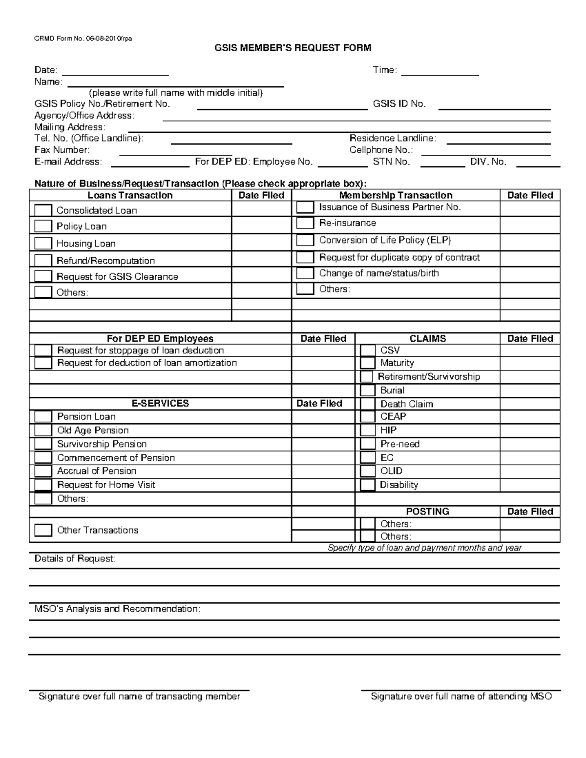 GSIS Member's Request Form - CRMD Form No. 06-08-2010/rpa GSIS MEMBER’S ...