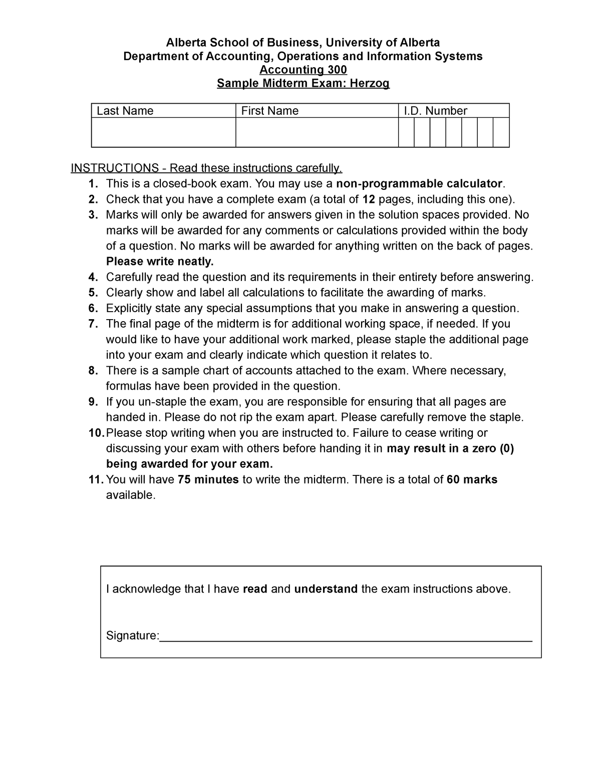 Midterm 1 2020, questions Alberta School of Business, University of