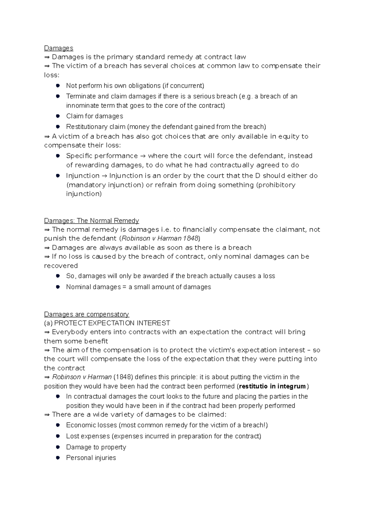 Contract Law - Damages - Revision - Damages ⇒ Damages is the primary ...