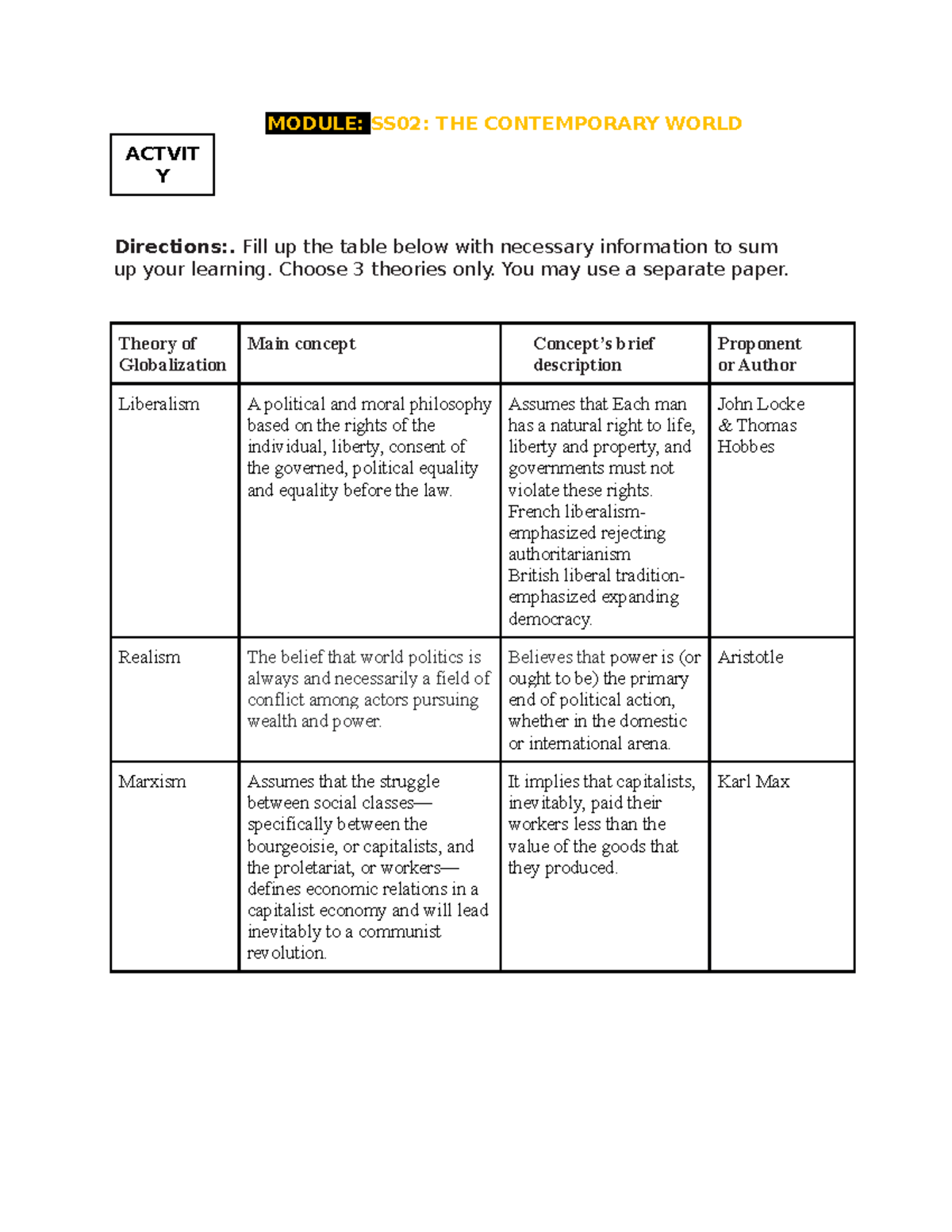 Theories Of Globalization Module Ss The Contemporary World Actvit Y Directions Fill Up