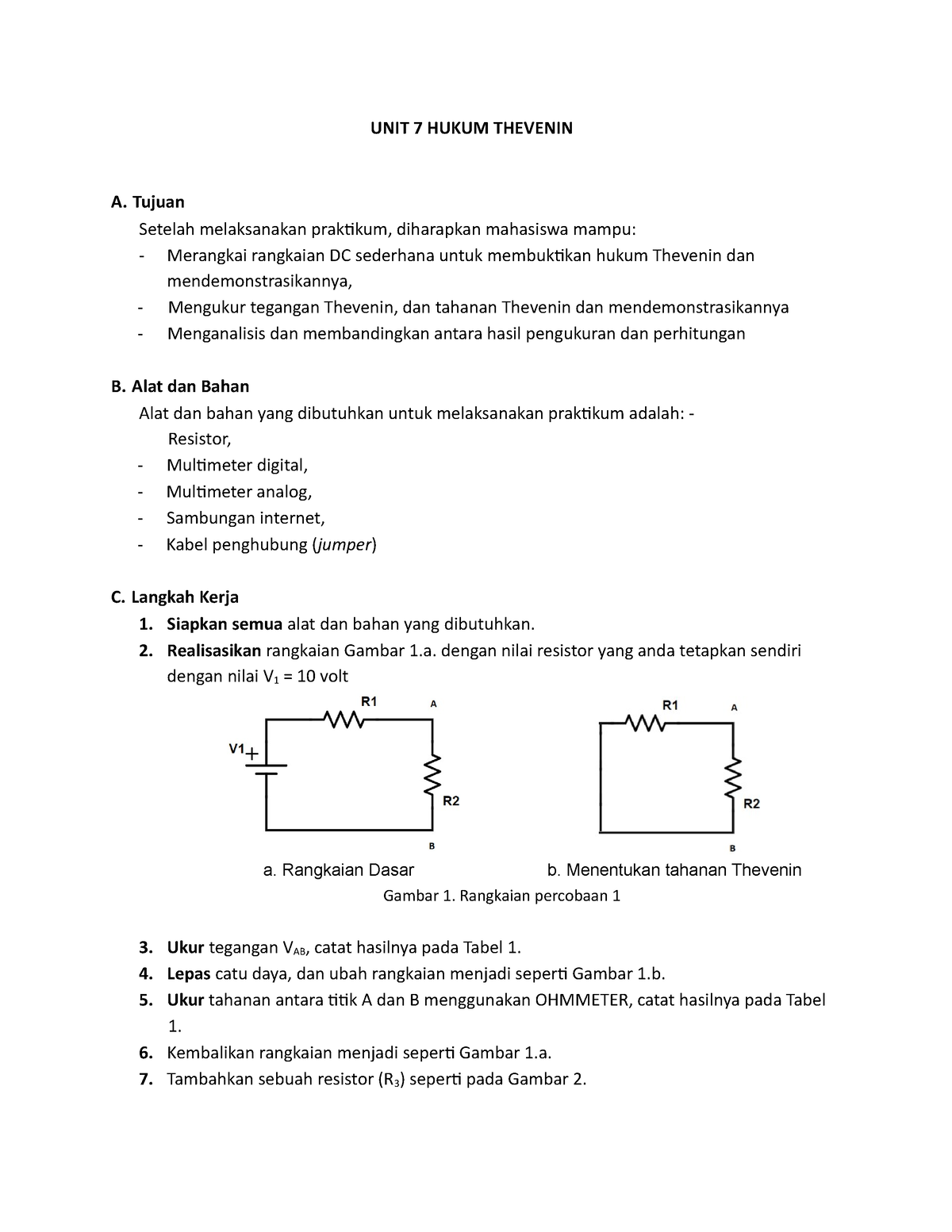 11. Praktikum 2022 Listrik Dasar Pertemuan 7 - UNIT 7 HUKUM THEVENIN A ...