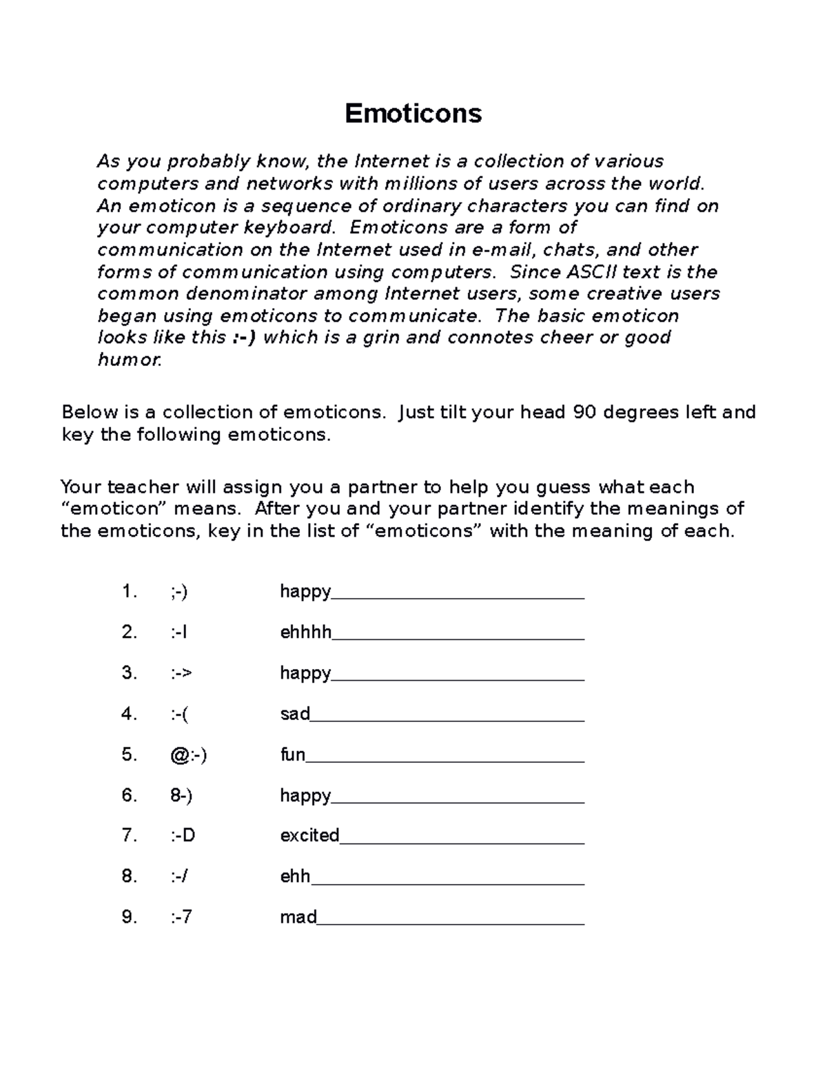 Emoticons worksheet - help - Emoticons As you probably know, the ...