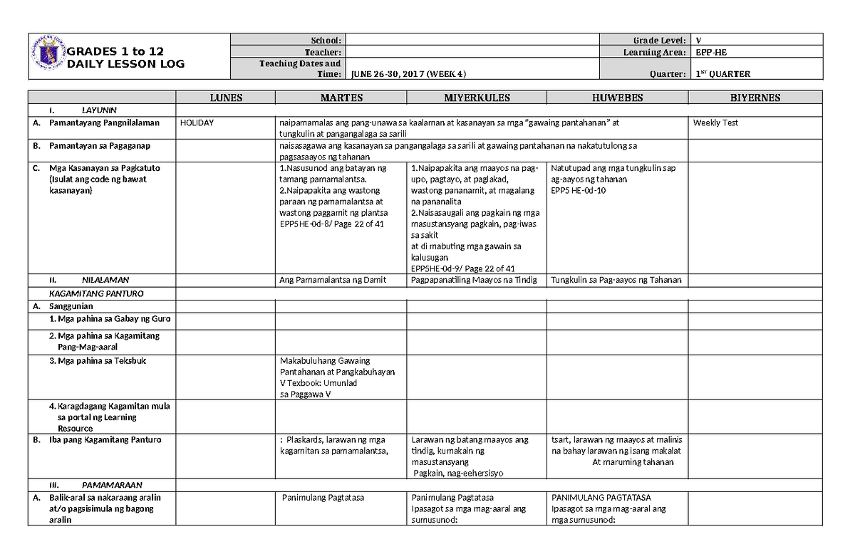 DLL EPP 5 Q1 W4 - Lesson Plan - GRADES 1 to 12 DAILY LESSON LOG School ...