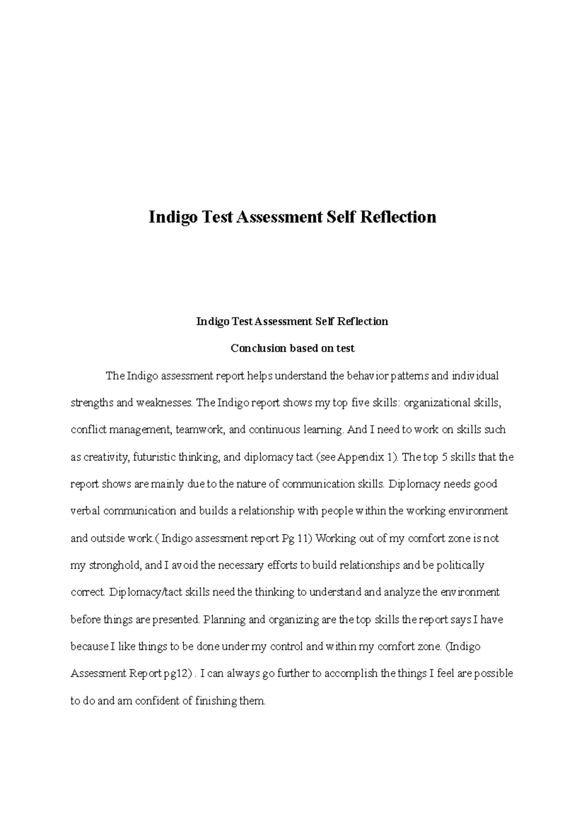 Self reflection assignment 1884965 965401308 - Indigo Test Assessment ...