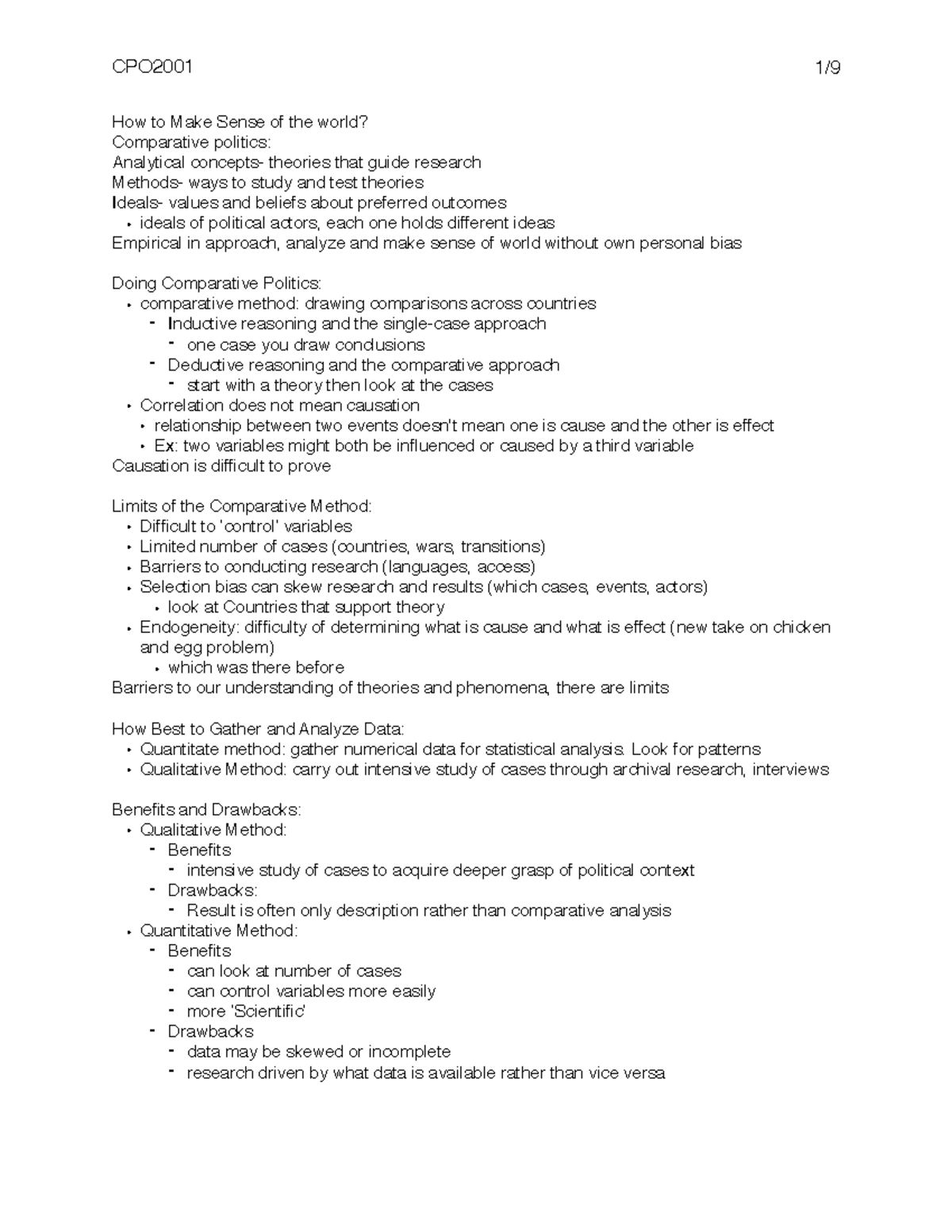 Comparative Politics Week One Lecture Notes - CPO2001 1/9 How to Make ...