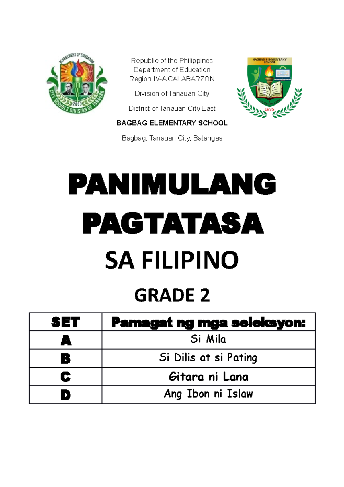 PHILIRI Grade 2 Panimulang Pagtatasa Republic of the Philippines