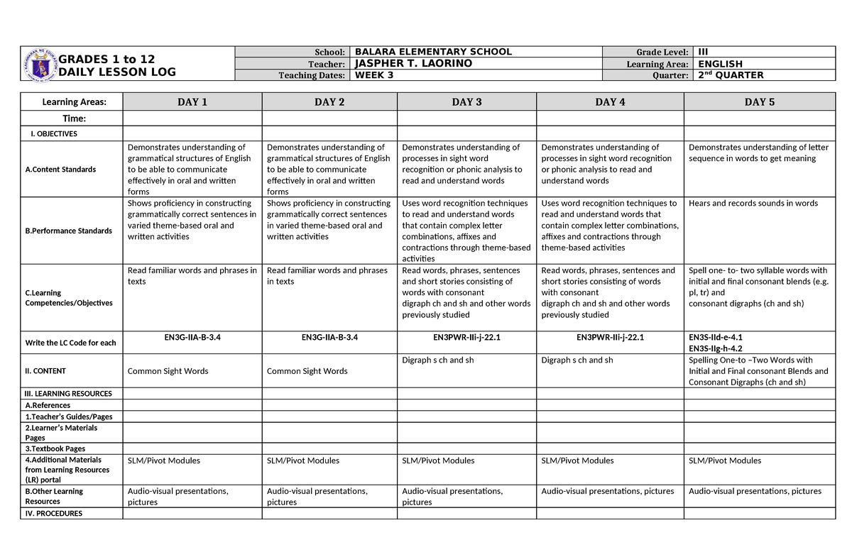 DLL- English-Q2-WEEK 3 - GRADES 1 to 12 DAILY LESSON LOG School: BALARA ...