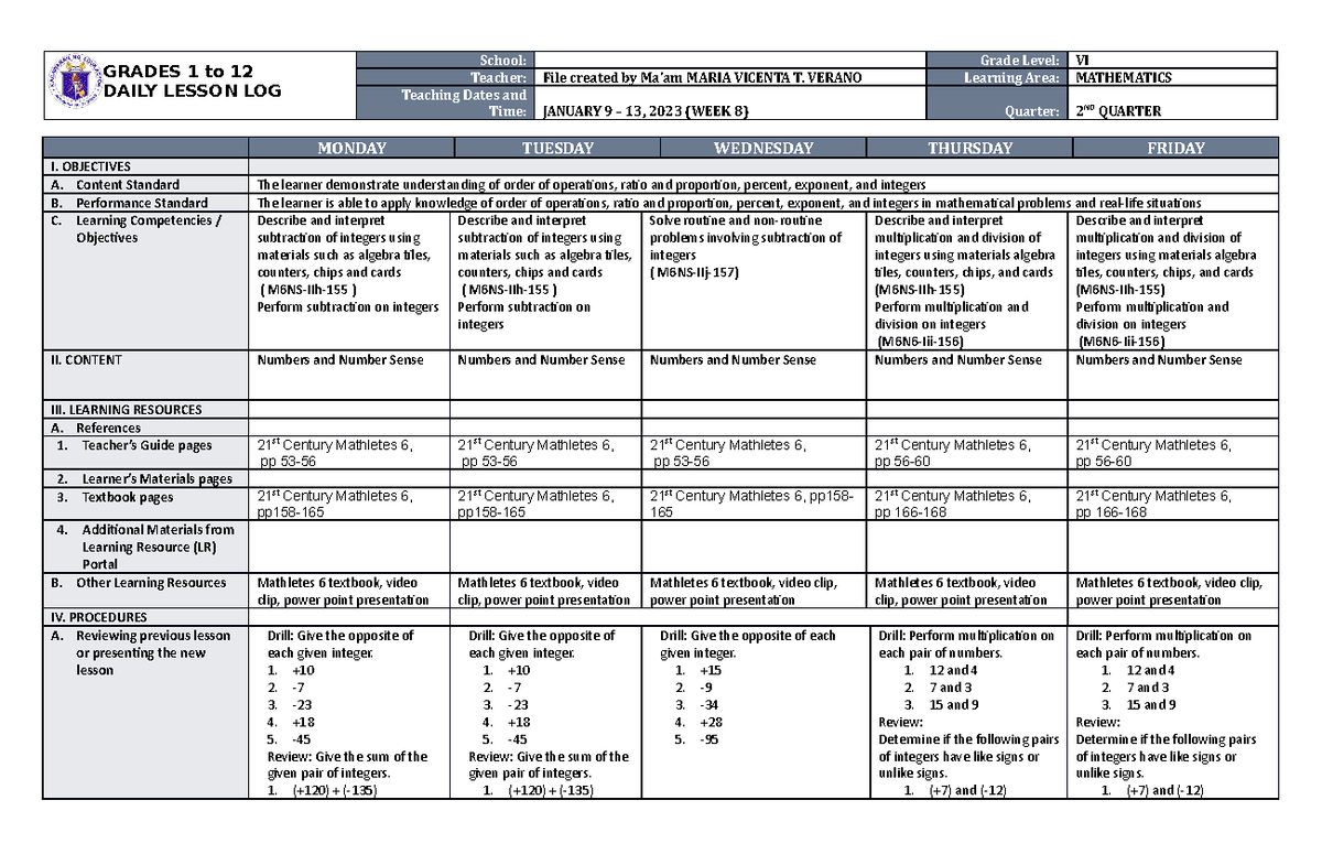 Dll Mathematics 6 Q2 W8 Grades 1 To 12 Daily Lesson Log School Grade Level Vi Teacher File 6266