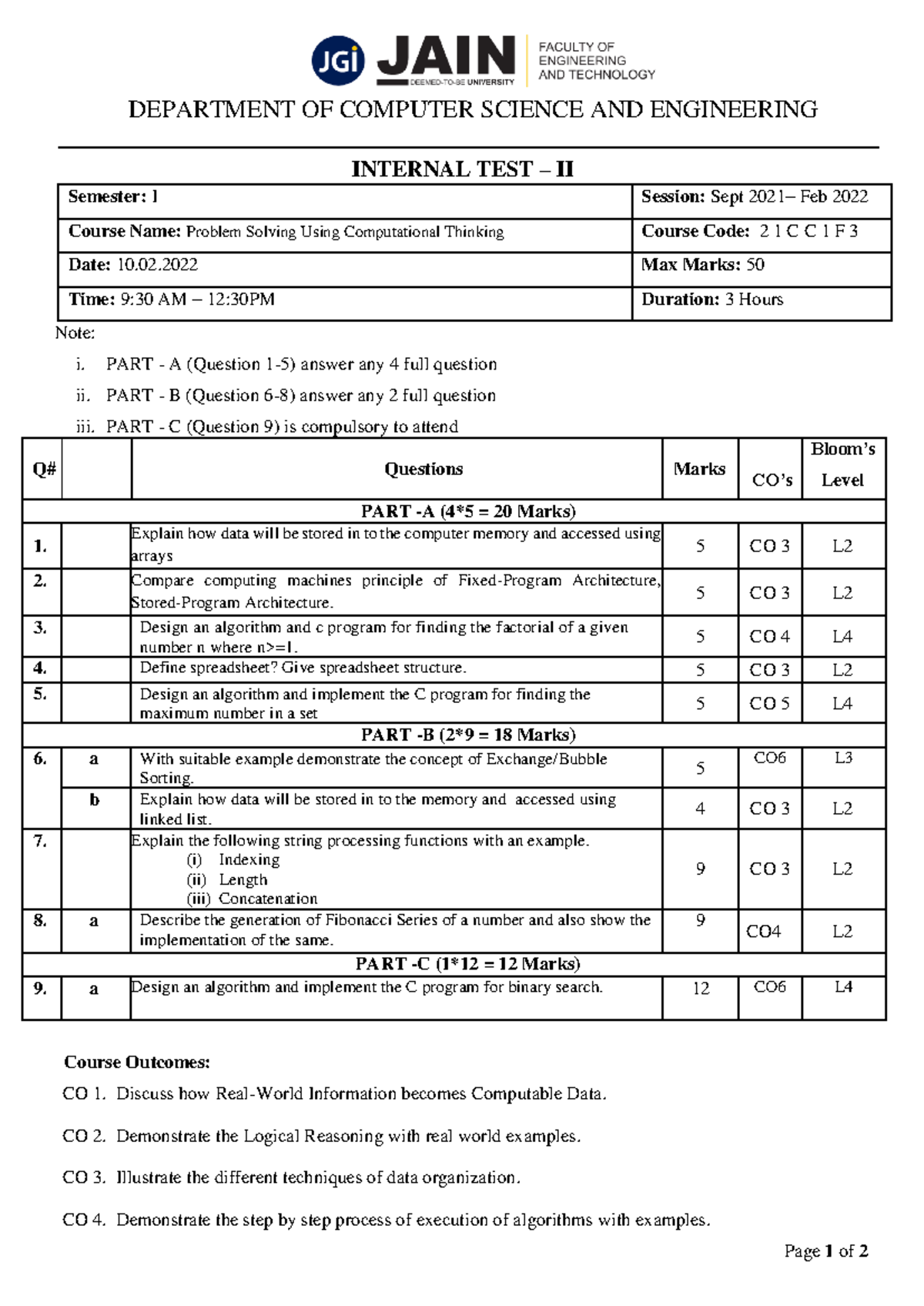 PSCT Internal QP-2 - Page 1 Of 2 DEPARTMENT OF COMPUTER SCIENCE AND ...