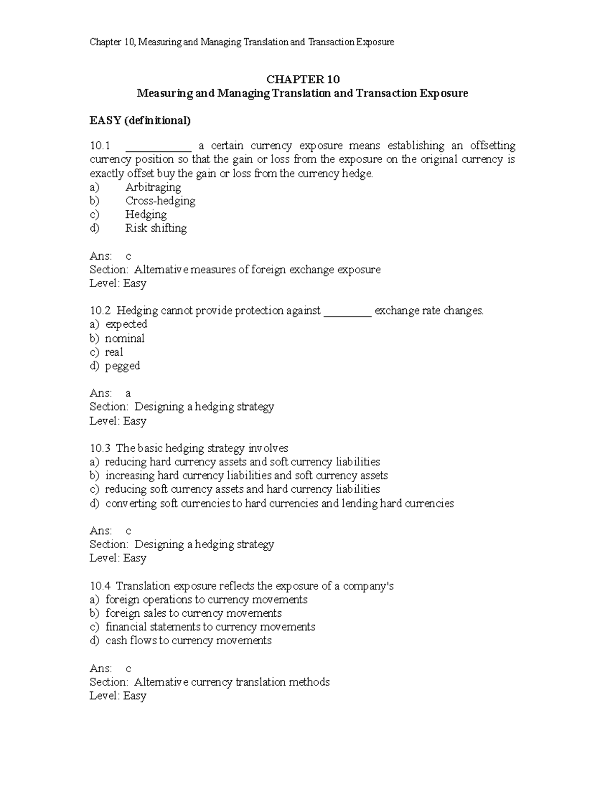 Ch10 - Test Bank - Chapter 10, Measuring And Managing Translation And ...