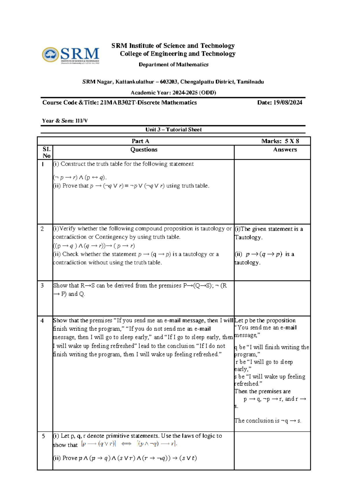 21MAB302T-DM-Unit 3-Tutorial Sheet - SRM Institute of Science and ...