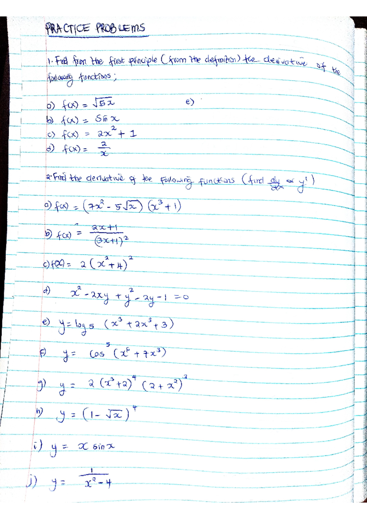 Differentiation Practice Problems Practice Problems Find From The