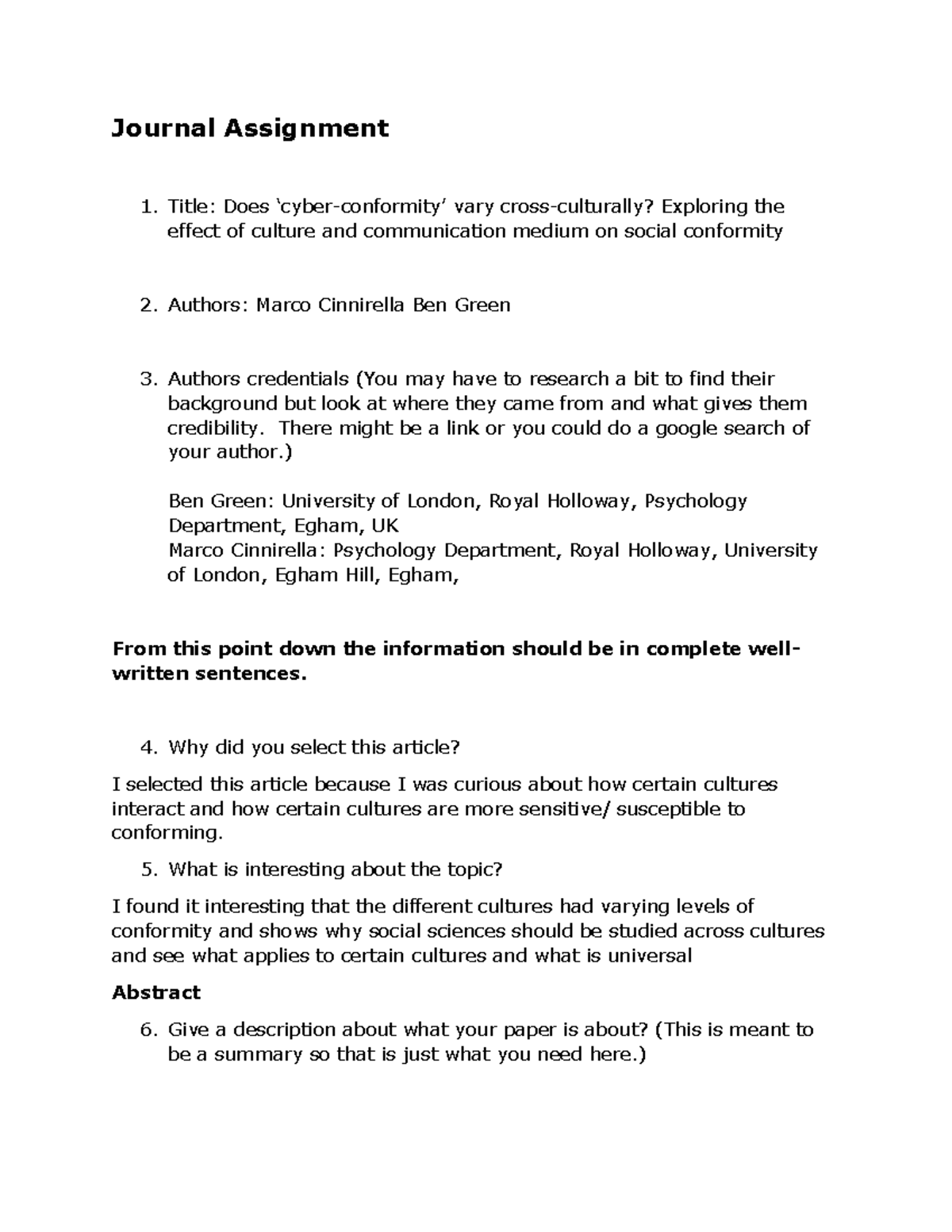 Journal - Worksheet 1 - nono i do not want to - Journal Assignment ...