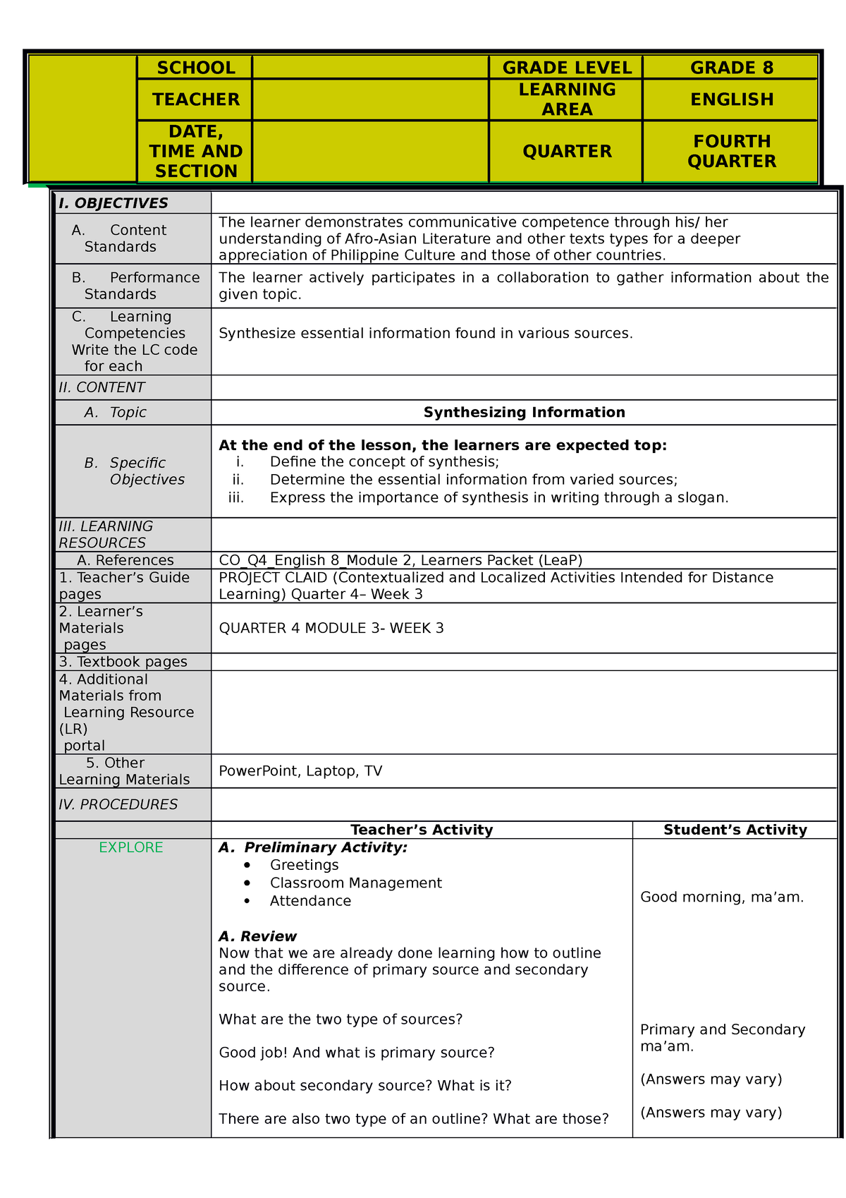 Detailed Lesson Plan - SCHOOL GRADE LEVEL GRADE 8 TEACHER LEARNING AREA ...