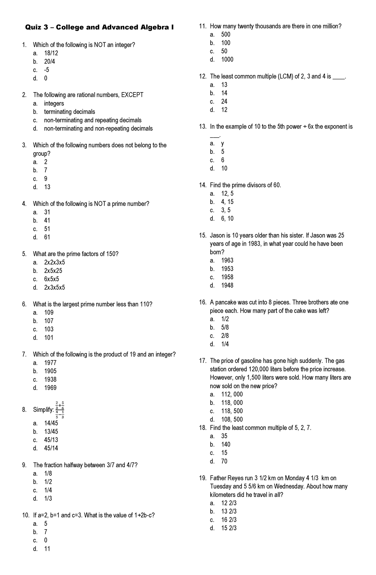 Quiz 3 College and Advanced Algebra I - Quiz 3 – College and Advanced ...