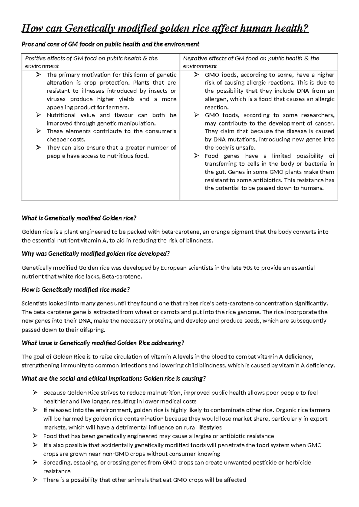 How can Genetically modified golden rice affect human health - Plants ...