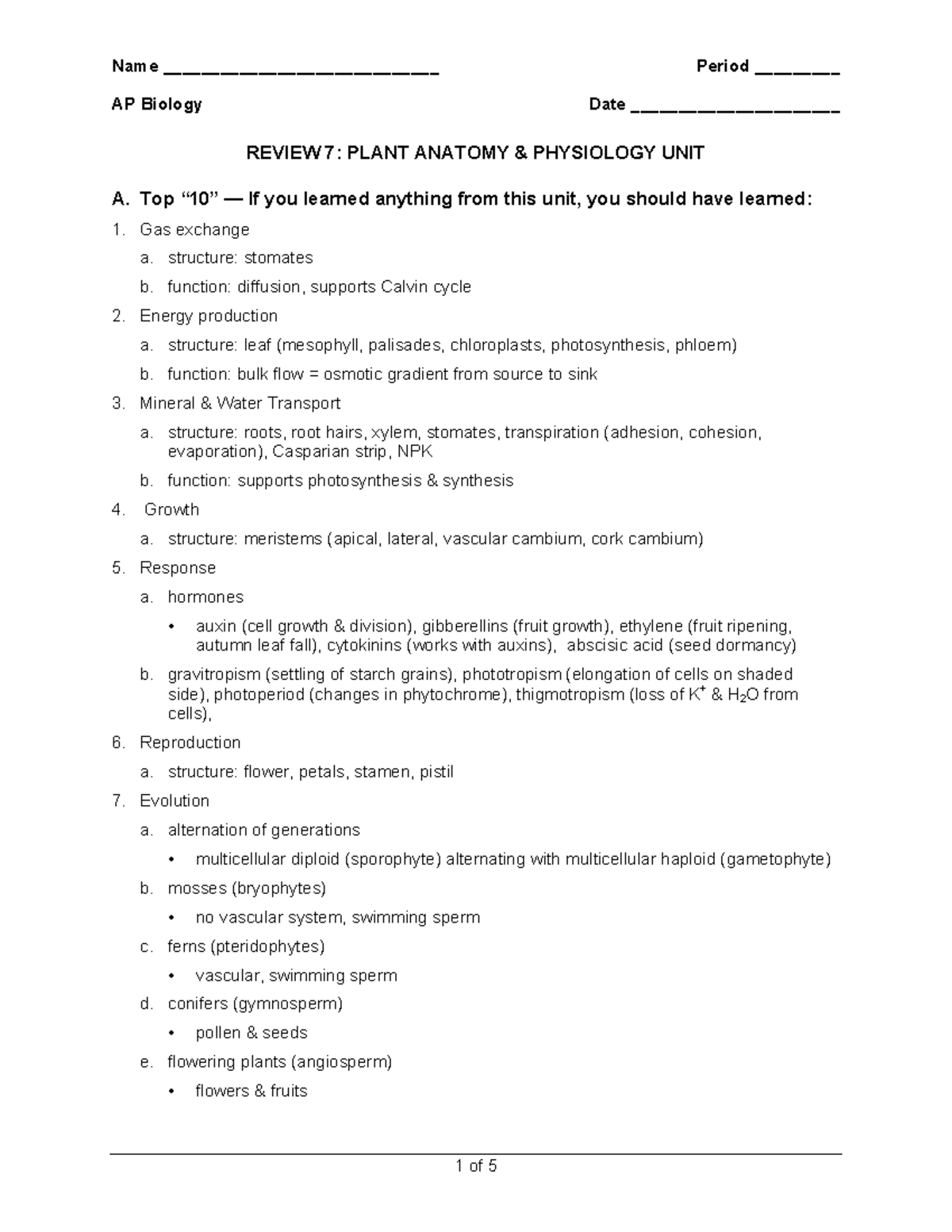 7-Plant Review - notes - Name _____________________________ Period ...