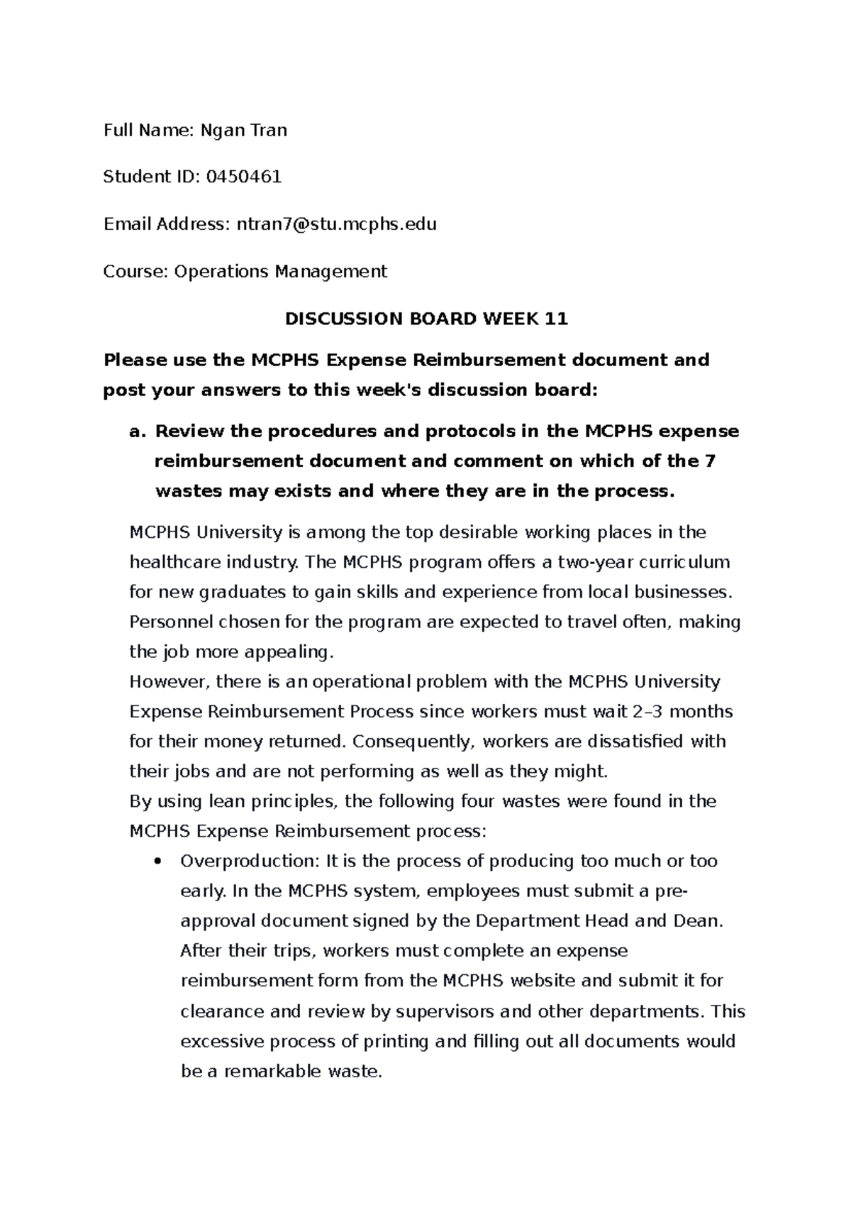 Week 11 - nursing use - Full Name: Ngan Tran Student ID: 0450461 Email ...