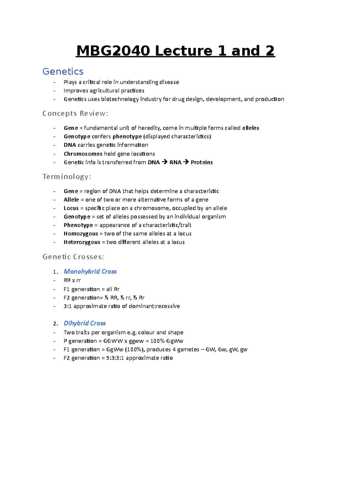 Lecture 1 and 2; Review of basic genetic principles - Mbg2040 - U of G ...