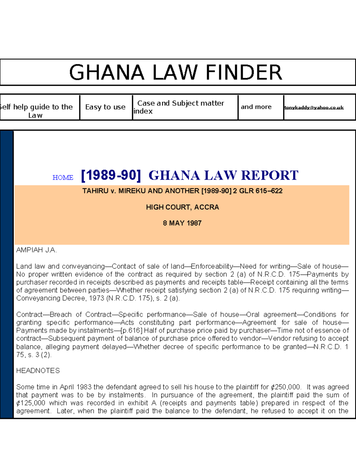 Tahiru v. mireku Cases GHANA LAW FINDER guide to the Law Easy to