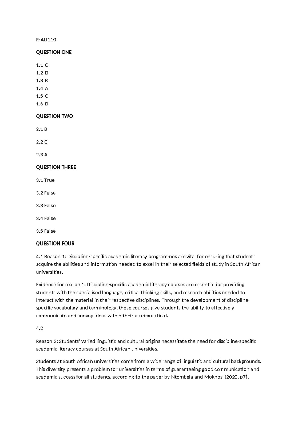 R ALI 110 A2 - R-ALI QUESTION ONE 1 C 1 D 1 B 1 A 1 C 1 D QUESTION TWO ...