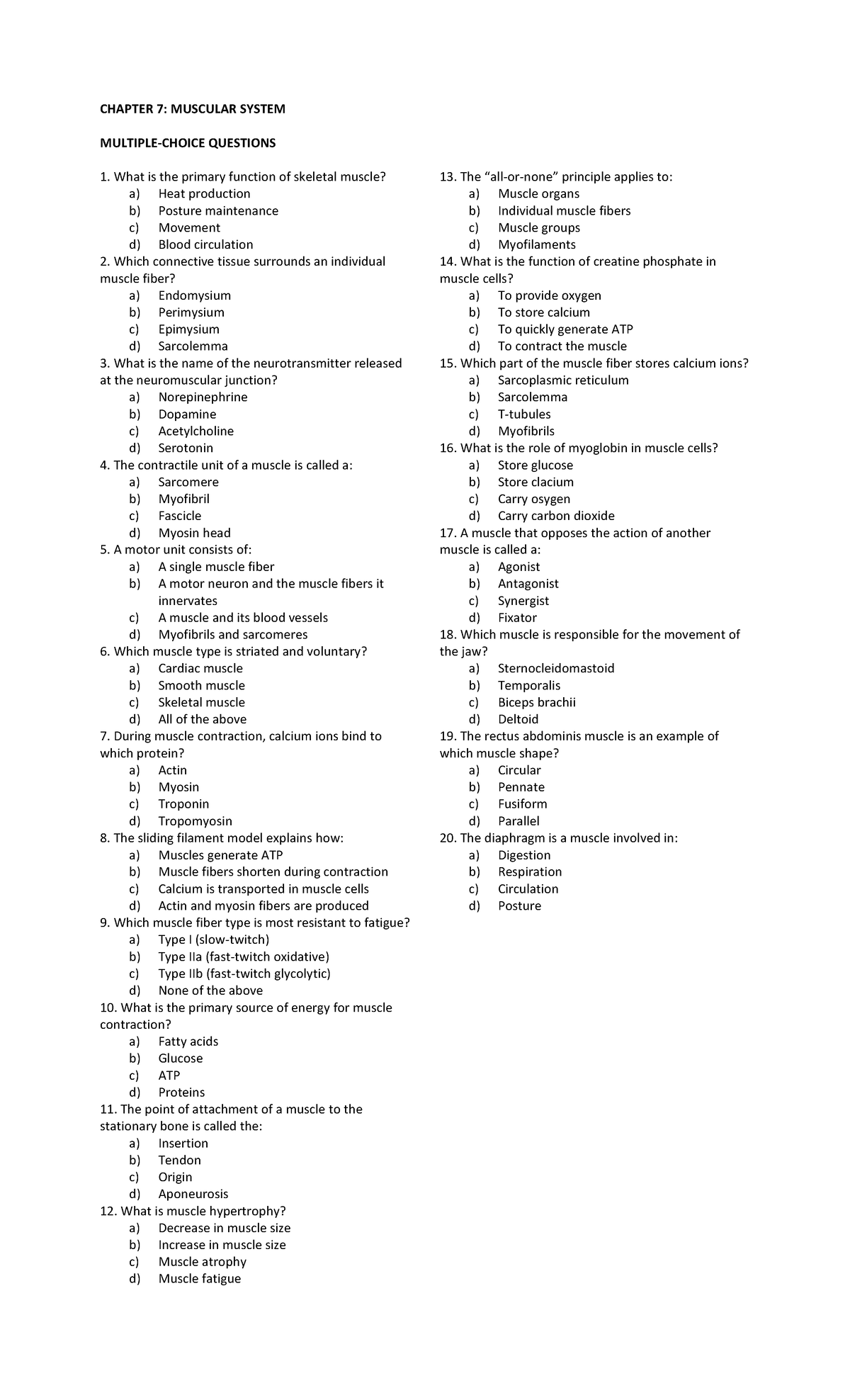 Reviewer- Muscular- System - CHAPTER 7: MUSCULAR SYSTEM MULTIPLE-CHOICE ...