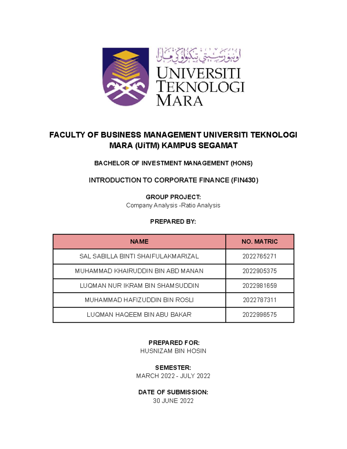 ratio analysis assignment uitm