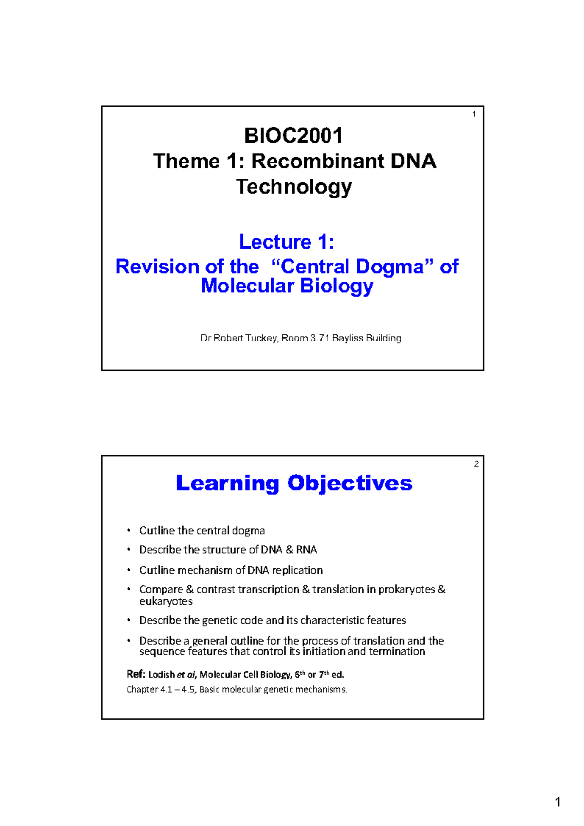 1. Central Dogma Of Molecular Biology - BIOC Theme 1: Recombinant DNA ...