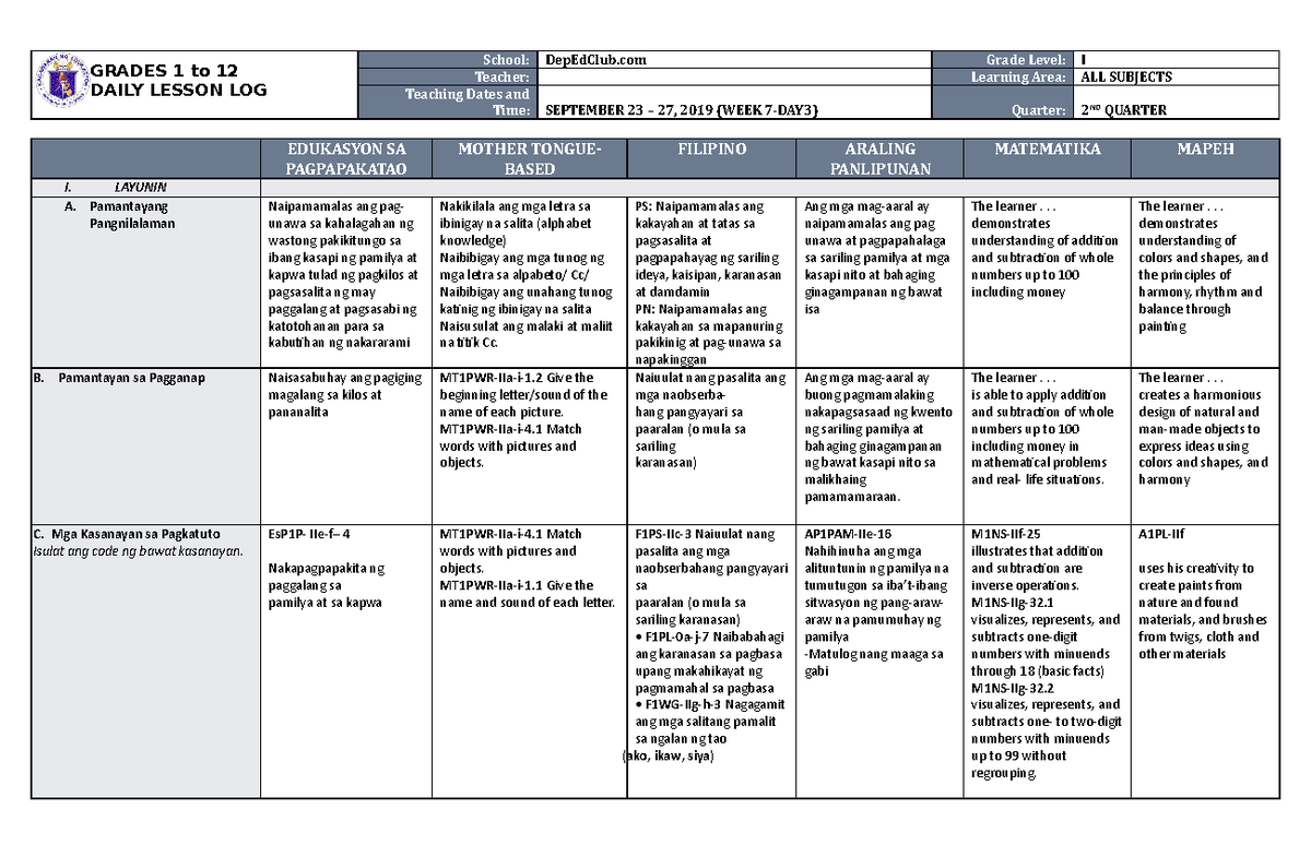 DLL ALL Subjects 1 Q2 W7 D3 - GRADES 1 to 12 DAILY LESSON LOG School ...