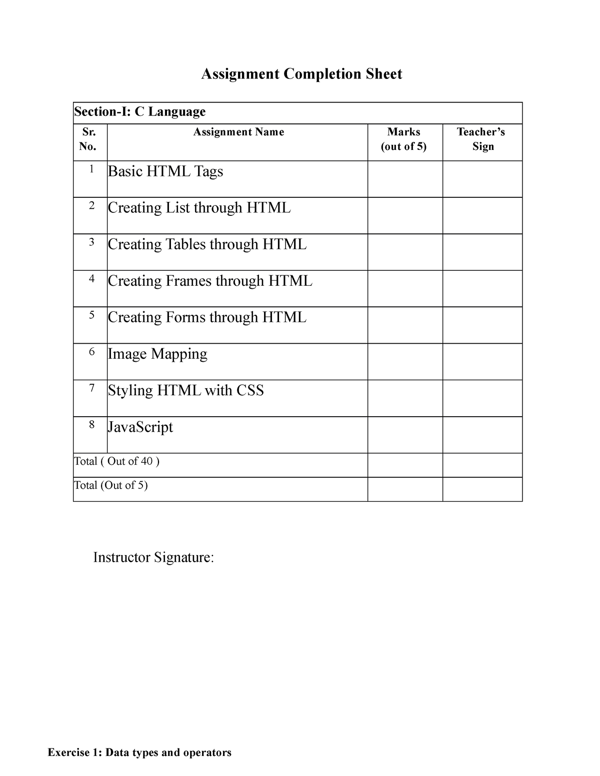 assignment completion sheet