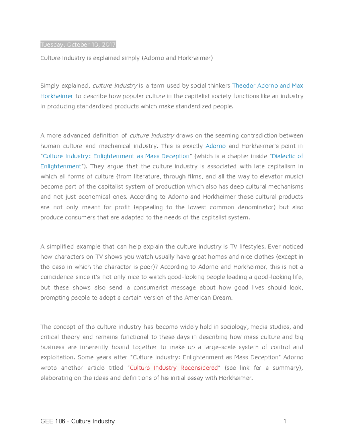 Culture Industry ESSAYS Tuesday, October 10, 2017 Culture Industry