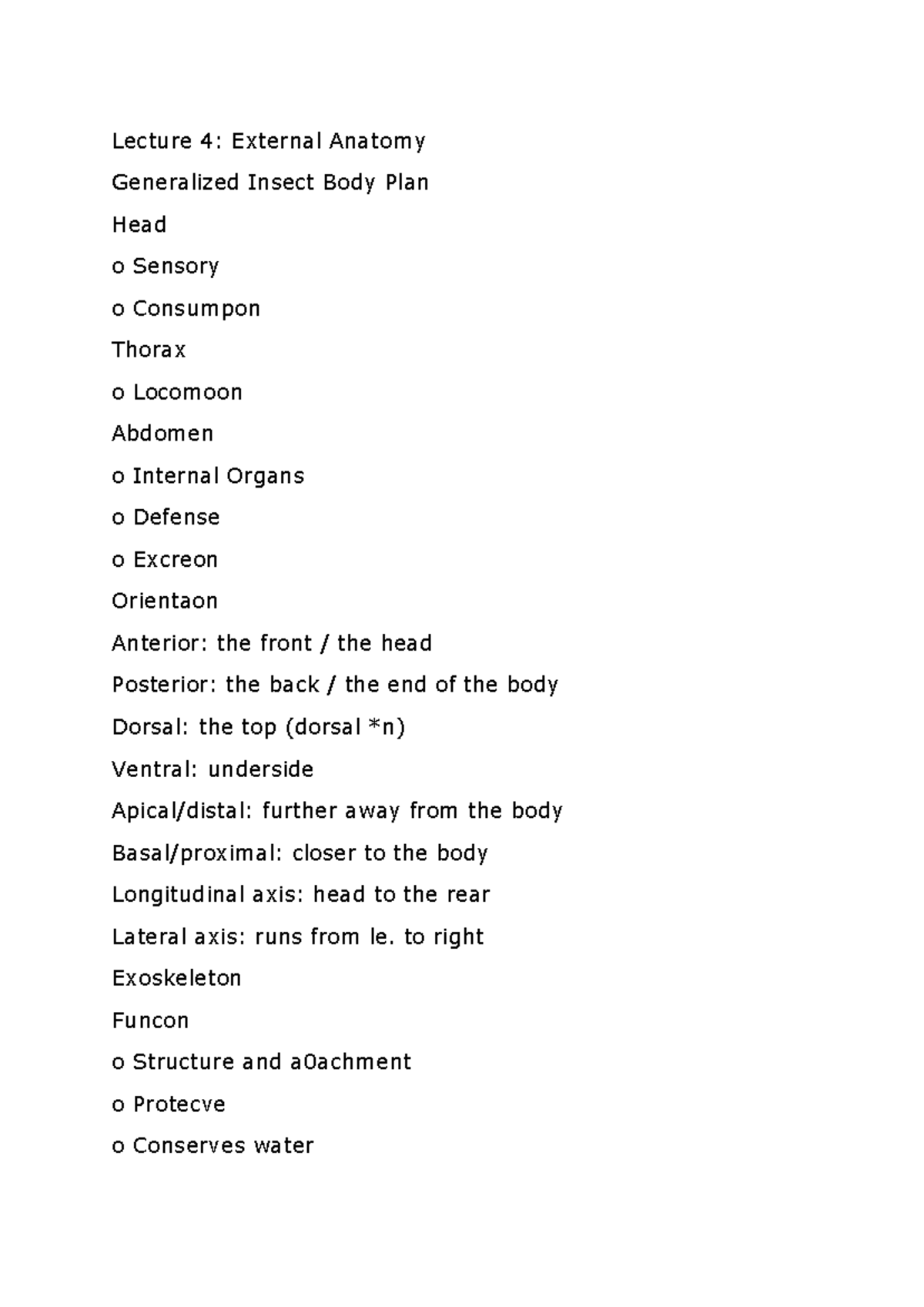 Notes - Generalized Insect Body Plan Head o Sensory o Consumpon Thorax ...